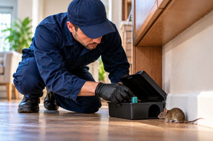 Pest control technician placing a mouse bait station in a lincoln home