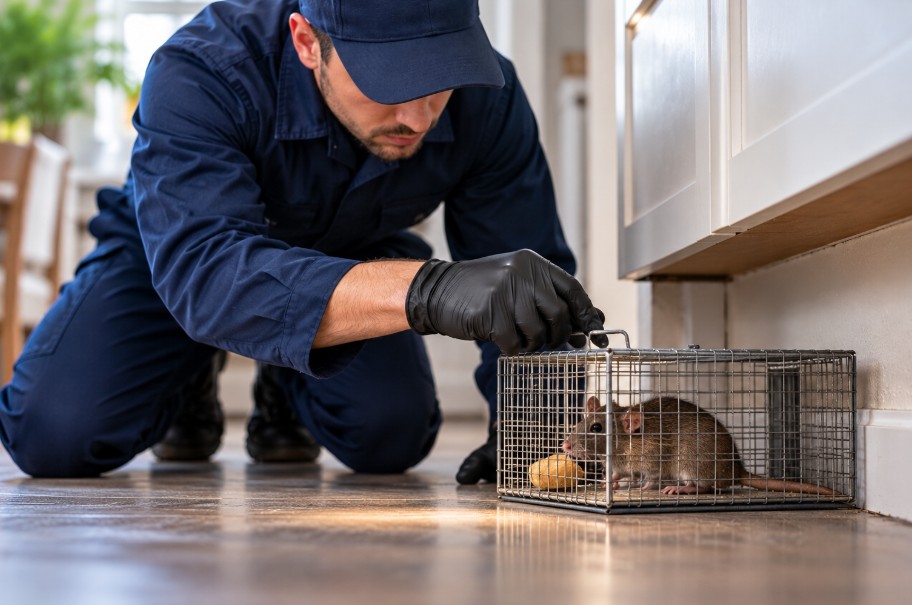 Pest control technician setting a rat trap in Lincoln