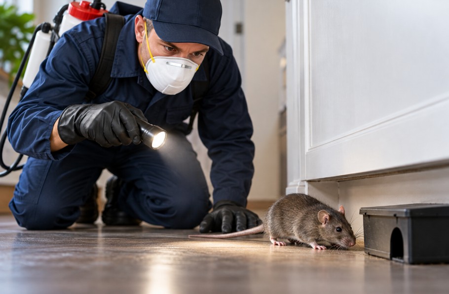 Rodent control technician inspecting a rat inside a home in Lincoln