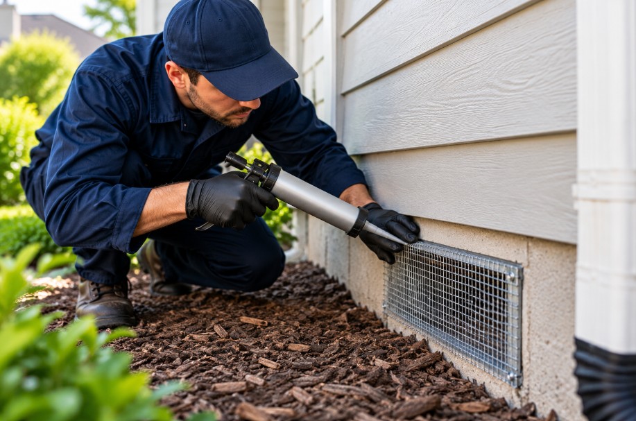 Technician installing rodent exclusion mesh on a home foundation in Lincoln