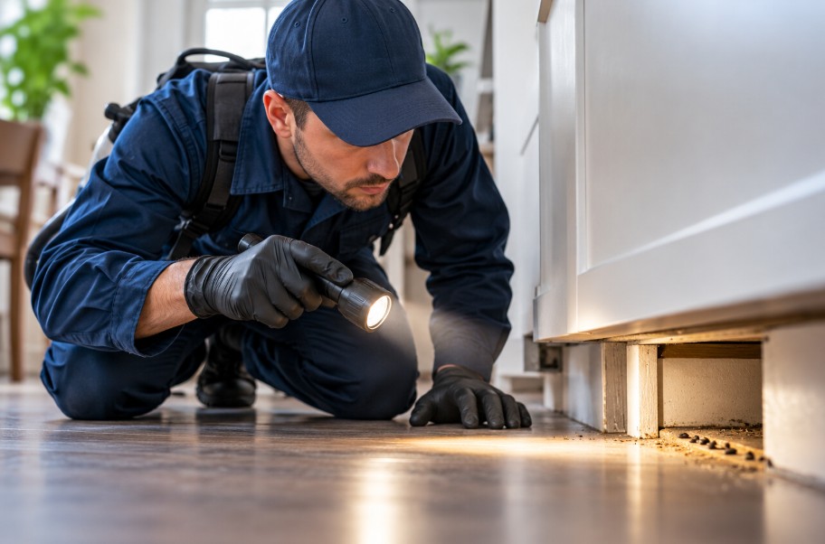 Rodent inspection technician checking for signs of rat activity beneath kitchen cabinets in Lincoln